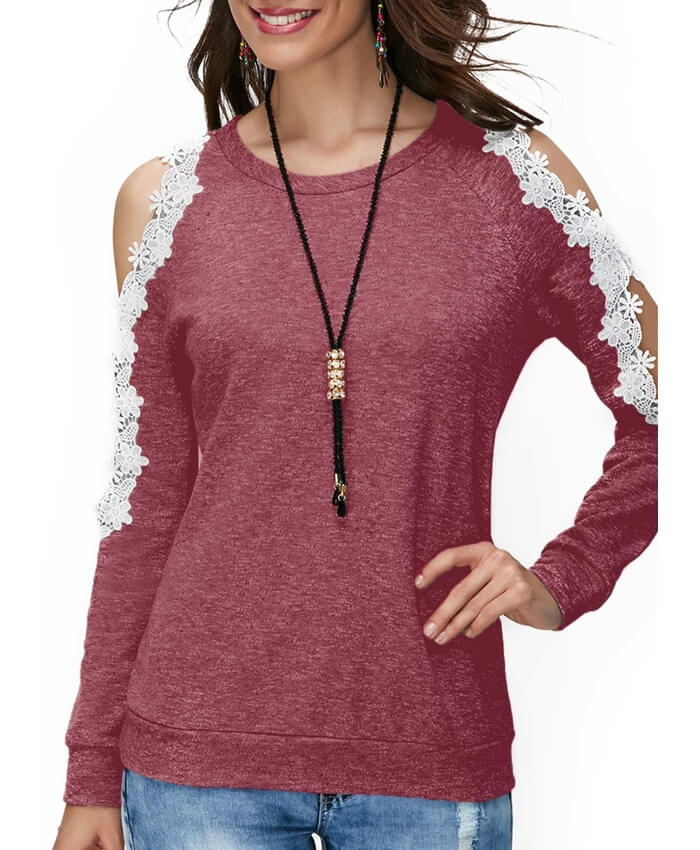 Cold Shoulder Lace Panel Wine Red Blouse